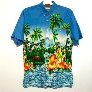 Wrangler Mens Button Front Western Shirt Horses Tropical Flowers Blue Green Top